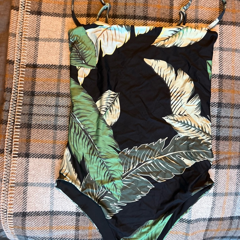 REVOLVE Black One-Piece Swimsuit with Green and Cream Tropical Leaf Print